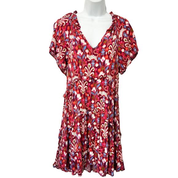 Anthropologie Pink Red Blue Ruffle Flutter Sleeve Dress size S Boho Tomato Girl - Picture 1 of 10